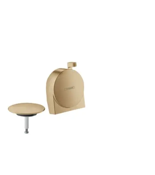 Goldfarbener Ablauf und Betätigungssystem von Hansgrohe, bestehend aus einer runden Abdeckung und einem Steuermechanismus.